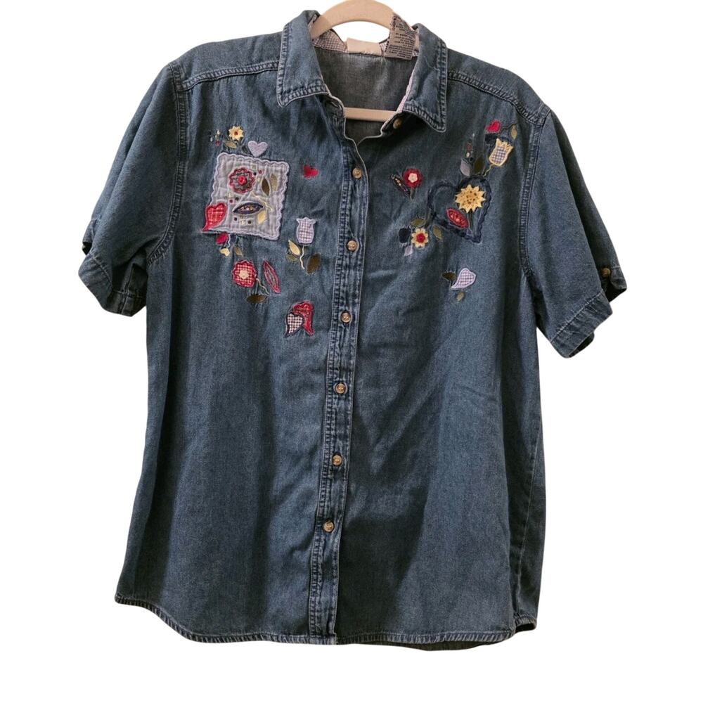 Vintage Bobbie Brooks Woman Denim Shirt Floral Heart Embroidered Size L 12/14